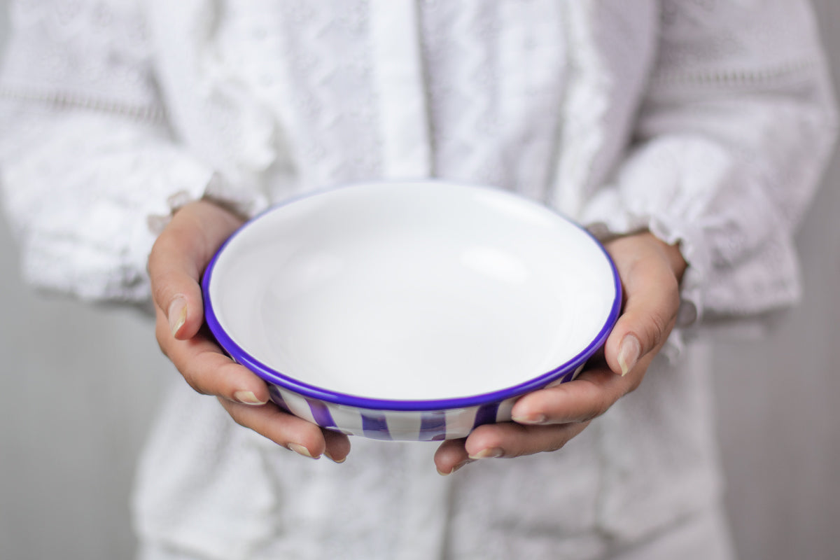 Dark Navy Blue Striped Handmade Hand Painted Ceramic Salad Pasta Fruit Cereal Soup Bowl