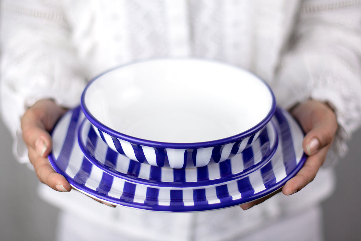 Dark Navy Blue Striped Handmade Hand Painted Ceramic Salad Pasta Fruit Cereal Soup Bowl