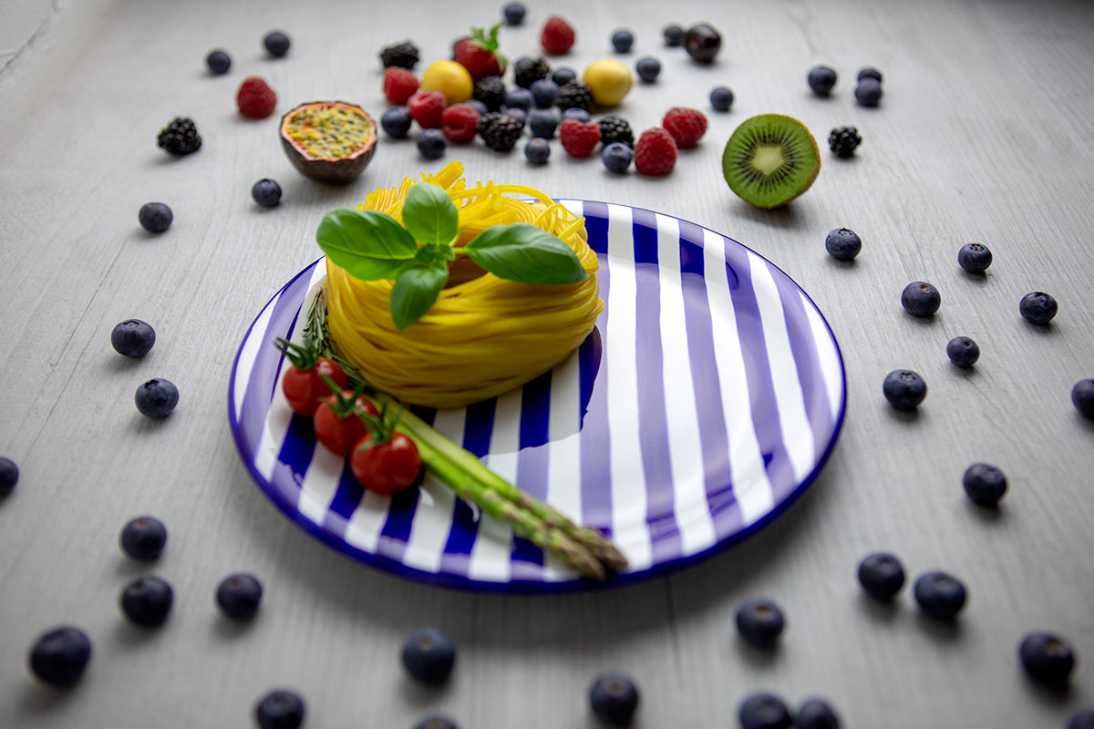 Dark Navy Blue Striped Handmade Hand Painted Glazed Ceramic Flat Dinner Plate