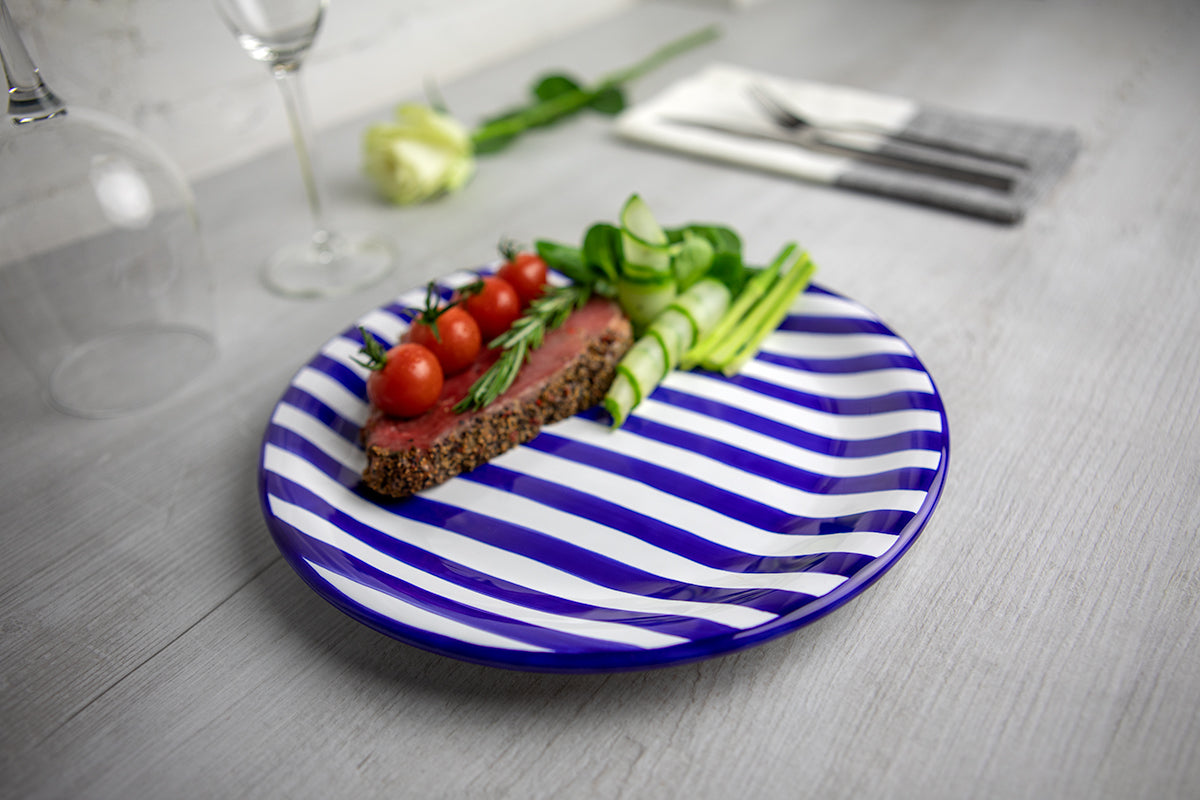 Dark Navy Blue Striped Handmade Hand Painted Glazed Ceramic Flat Dinner Plate