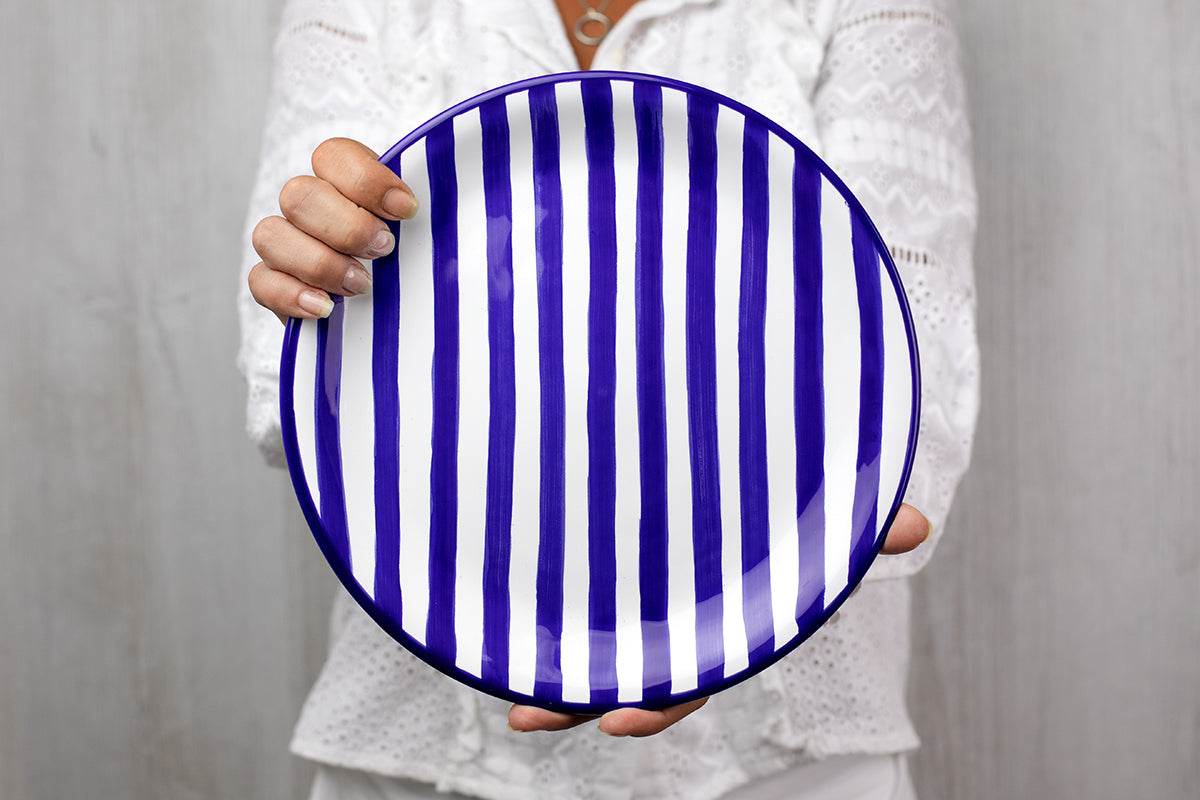 Dark Navy Blue Striped Handmade Hand Painted Glazed Ceramic Flat Dinner Plate