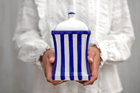 Dark Navy Blue Striped Handmade Hand Painted Large Ceramic Kitchen Storage Jar