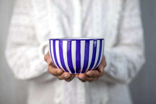 Dark Navy Blue Striped Handmade Hand Painted Ceramic Extra Large 17.5oz-500ml Cappuccino Coffee Tea Soup Mug Cup