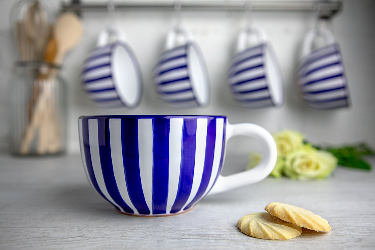 Dark Navy Blue Striped Handmade Hand Painted Ceramic Extra Large 17.5oz-500ml Cappuccino Coffee Tea Soup Mug Cup