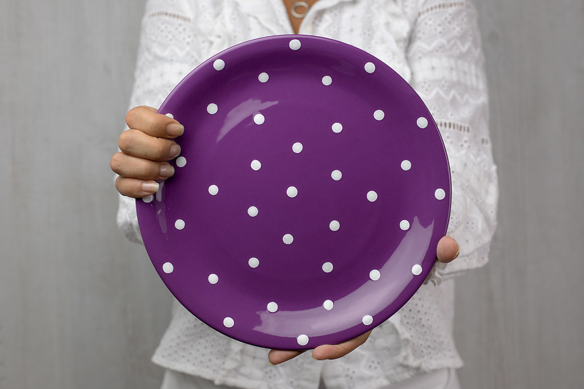 Purple And White Polka Dot Spotty Handmade Hand Painted Glazed Ceramic Flat Dinner Plate