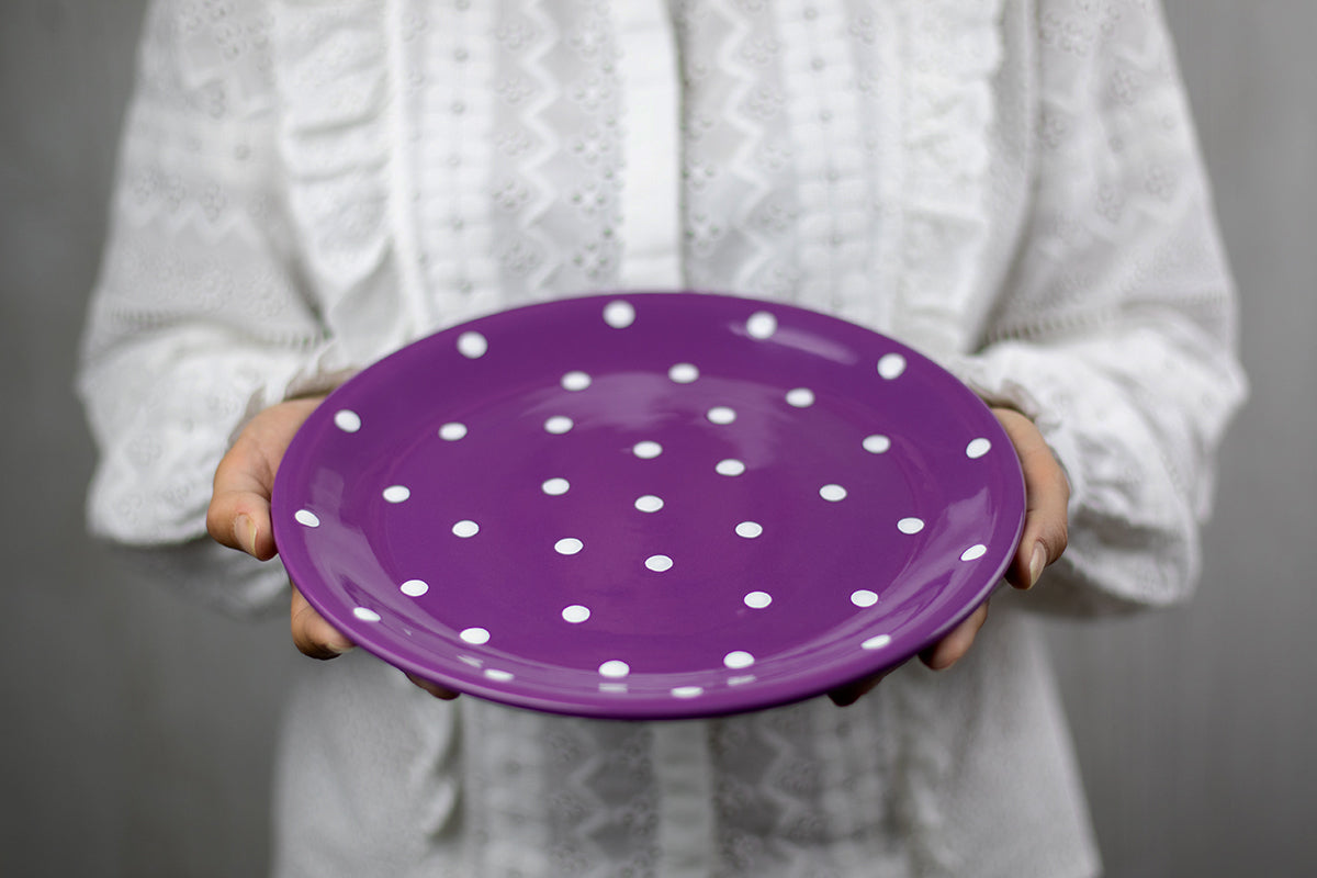 Purple And White Polka Dot Spotty Handmade Hand Painted Glazed Ceramic Flat Dinner Plate