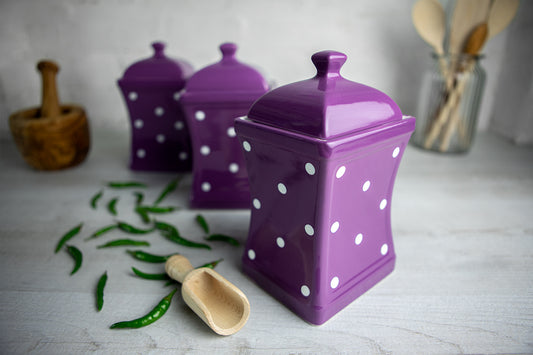 Purple and White Polka Dot Pottery Handmade Hand Painted Large Ceramic Kitchen Storage Jar Set Canister Set - Same Size Jars