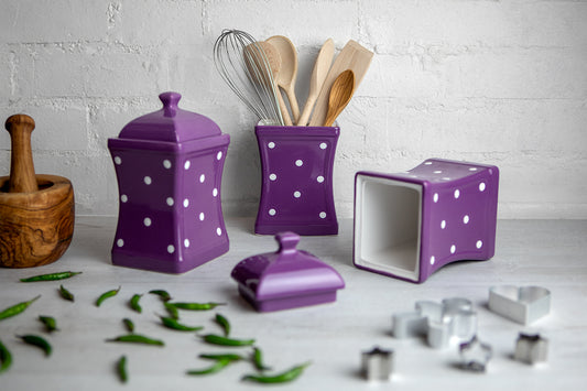 Purple and White Polka Dot Pottery Handmade Hand Painted Large Ceramic Kitchen Storage Jar Set Canister Set - Same Size Jars