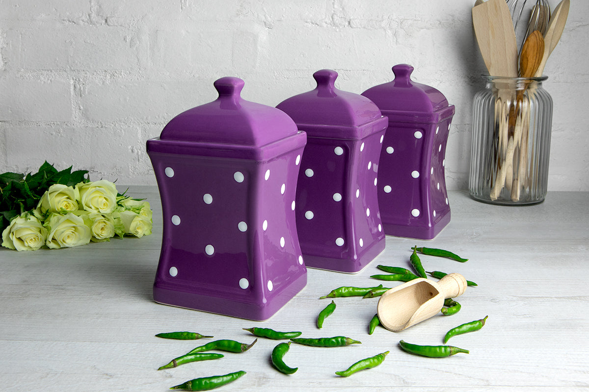 Purple and White Polka Dot Pottery Handmade Hand Painted Large Ceramic Kitchen Storage Jar Set Canister Set - Same Size Jars