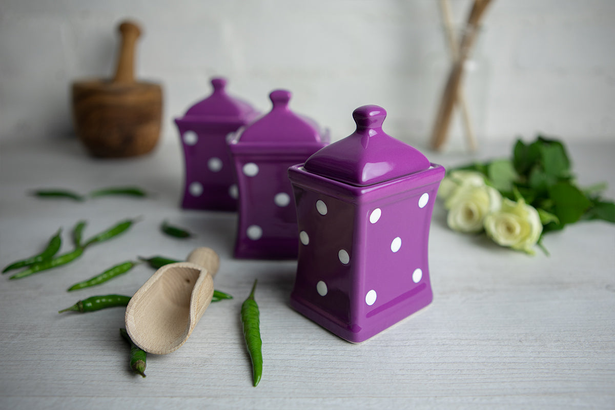 Purple and White Polka Dot Pottery Handmade Hand Painted Small Ceramic Kitchen Herb Spice Jars Canister Set - Same Size Jars
