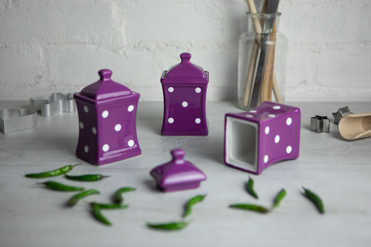 Purple and White Polka Dot Pottery Handmade Hand Painted Small Ceramic Kitchen Herb Spice Jars Canister Set - Same Size Jars