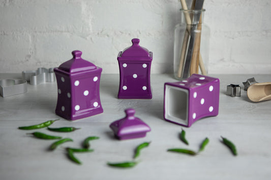 Purple and White Polka Dot Pottery Handmade Hand Painted Small Ceramic Kitchen Herb Spice Jars Canister Set - Same Size Jars