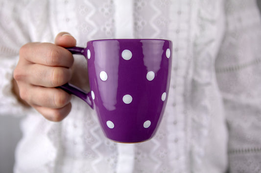 Purple And White Polka Dot Spotty Designer Handmade Hand Painted Unique Ceramic 10oz-300ml Coffee Tea Mug with Large Handle