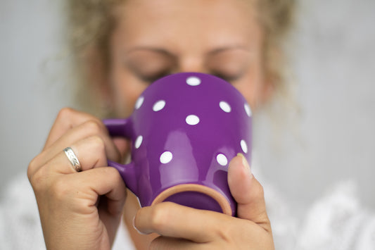 Purple And White Polka Dot Spotty Designer Handmade Hand Painted Unique Ceramic 10oz-300ml Coffee Tea Mug with Large Handle