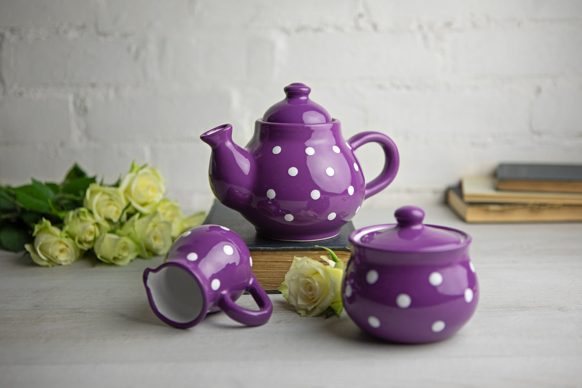Purple and White Polka Dot Pottery Handmade Hand Painted Ceramic Teapot Milk Jug Sugar Bowl Set