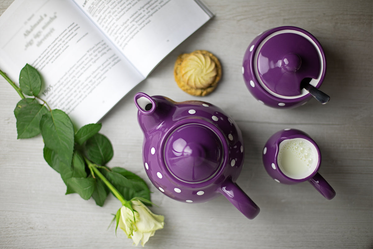 Purple and White Polka Dot Pottery Handmade Hand Painted Ceramic Teapot Milk Jug Sugar Bowl Set