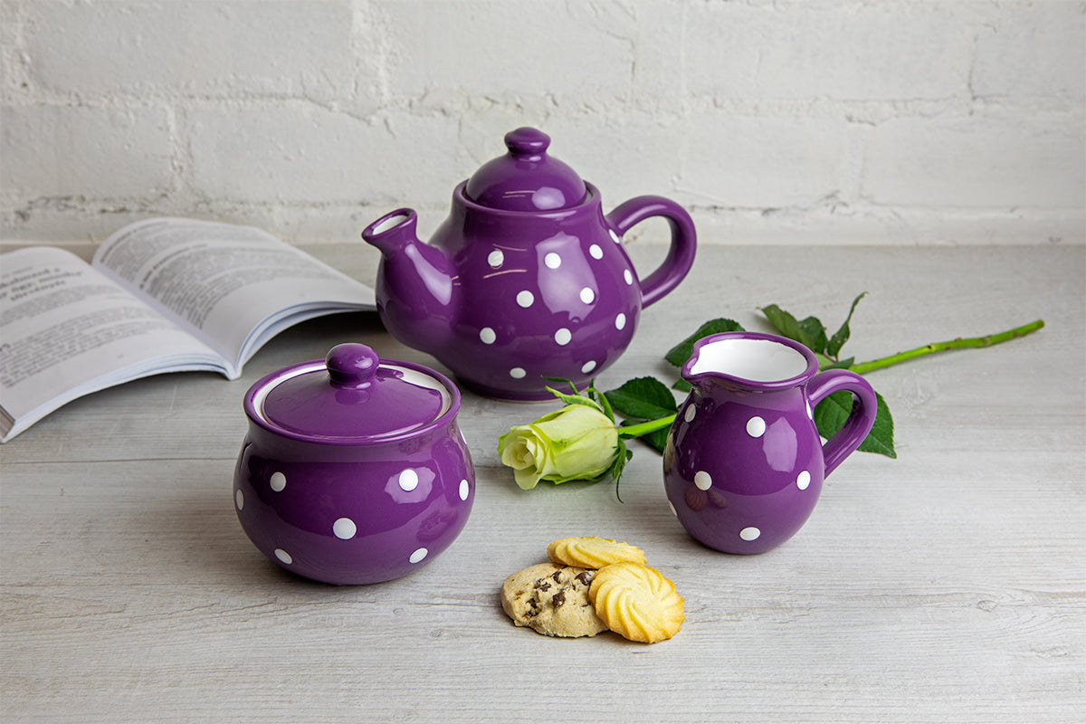 Purple and White Polka Dot Pottery Handmade Hand Painted Ceramic Teapot Milk Jug Sugar Bowl Set