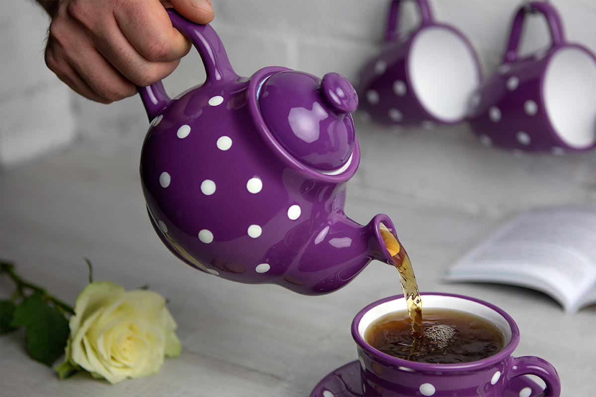 Purple and White Polka Dot Pottery Handmade Hand Painted Ceramic Teapot Milk Jug Sugar Bowl Set