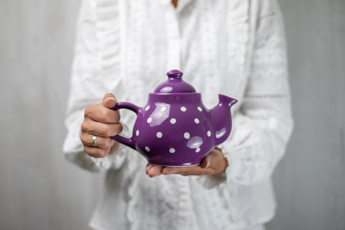 Purple and White Polka Dot Pottery Handmade Hand Painted Ceramic Teapot Milk Jug Sugar Bowl Set