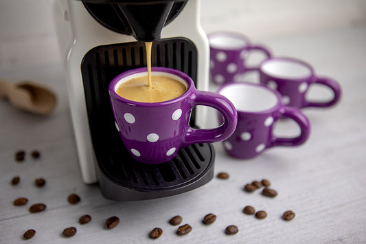 Purple And White Polka Dot Spotty Designer Handmade Hand Painted Unique Ceramic 2oz-60ml Espresso Coffee Cup Set of 4