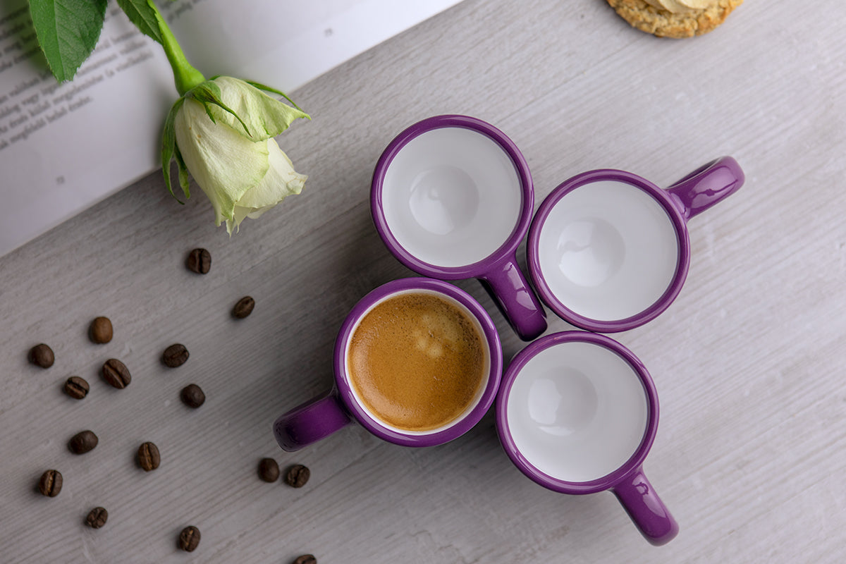 Purple And White Polka Dot Spotty Designer Handmade Hand Painted Unique Ceramic 2oz-60ml Espresso Coffee Cup Set of 4
