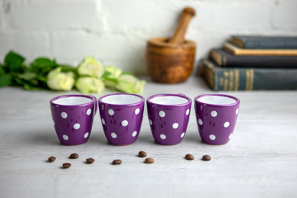 Purple And White Polka Dot Spotty Designer Handmade Hand Painted Unique Ceramic 2oz-60ml Espresso Coffee Cup Set of 4