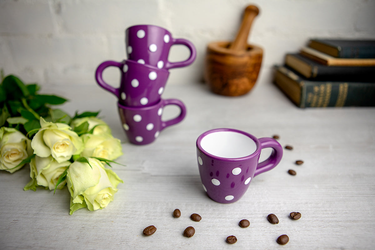 Purple And White Polka Dot Spotty Designer Handmade Hand Painted Unique Ceramic 2oz-60ml Espresso Coffee Cup Set of 4