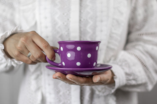 Purple And White Polka Dot Spotty Designer Handmade Hand Painted Ceramic 9oz-250ml Cappuccino Coffee Tea Cup with Saucer