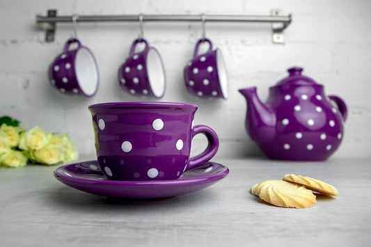 Purple And White Polka Dot Spotty Designer Handmade Hand Painted Ceramic 9oz-250ml Cappuccino Coffee Tea Cup with Saucer