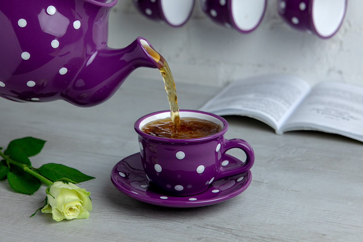 Purple And White Polka Dot Spotty Designer Handmade Hand Painted Ceramic 9oz-250ml Cappuccino Coffee Tea Cup with Saucer