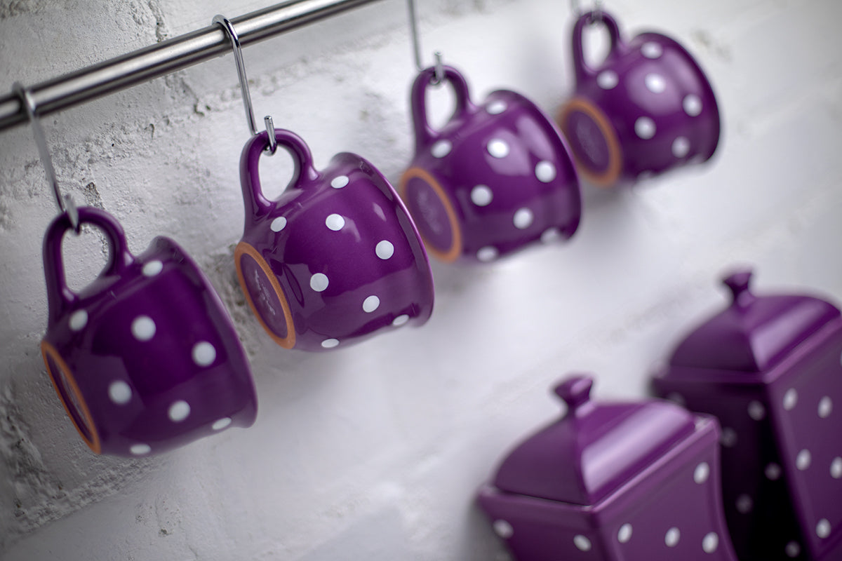 Purple And White Polka Dot Spotty Designer Handmade Hand Painted Ceramic 9oz-250ml Cappuccino Coffee Tea Cup with Saucer