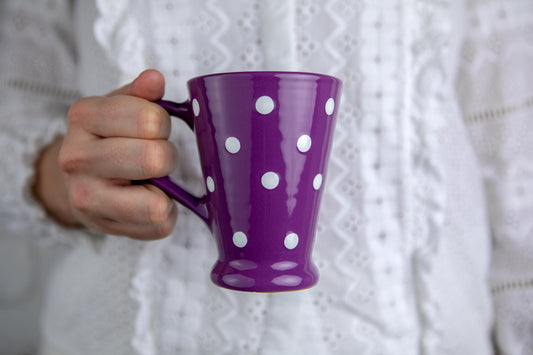 Purple And White Polka Dot Spotty Handmade Hand Painted Ceramic Coffee Tea Latte Mug with Large Handle 8 oz - 220 ml