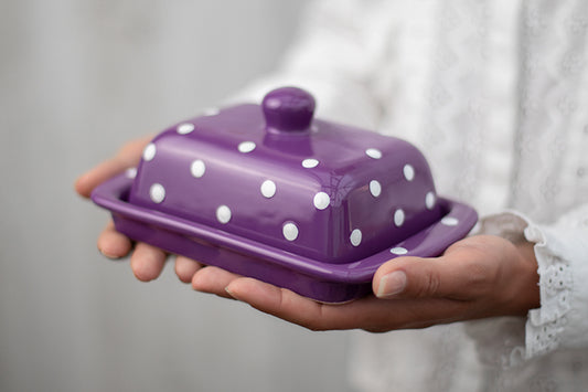 Purple And White Polka Dot Spotty Handmade Hand Painted Ceramic Butter Dish With Lid