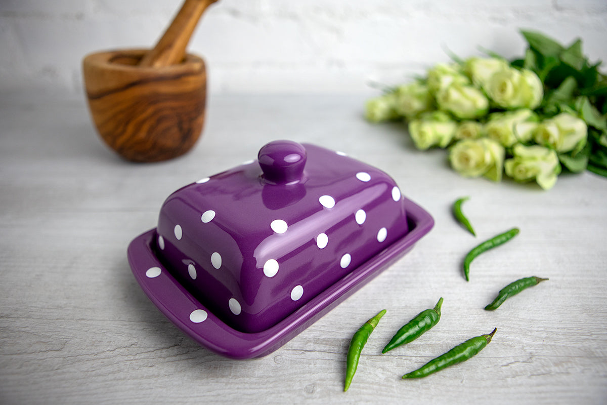 Purple And White Polka Dot Spotty Handmade Hand Painted Ceramic Butter Dish With Lid