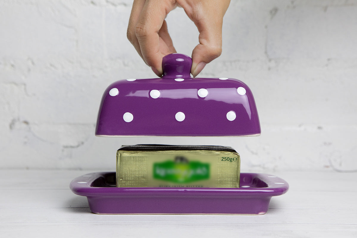 Purple And White Polka Dot Spotty Handmade Hand Painted Ceramic Butter Dish With Lid