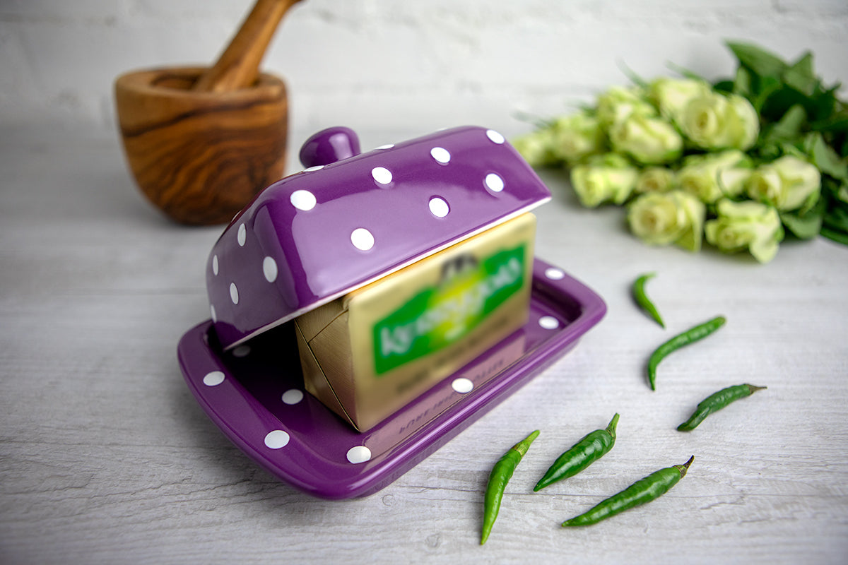 Purple And White Polka Dot Spotty Handmade Hand Painted Ceramic Butter Dish With Lid