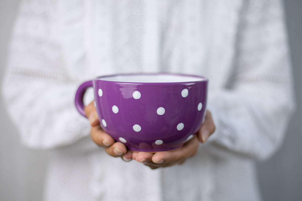 Purple And White Polka Dot Spotty Handmade Hand Painted Ceramic Extra Large 17.5oz-500ml Cappuccino Coffee Tea Soup Mug Cup