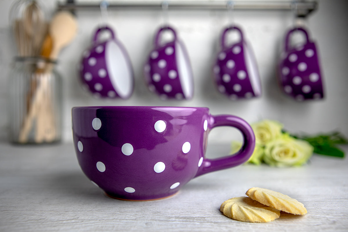 Purple And White Polka Dot Spotty Handmade Hand Painted Ceramic Extra Large 17.5oz-500ml Cappuccino Coffee Tea Soup Mug Cup