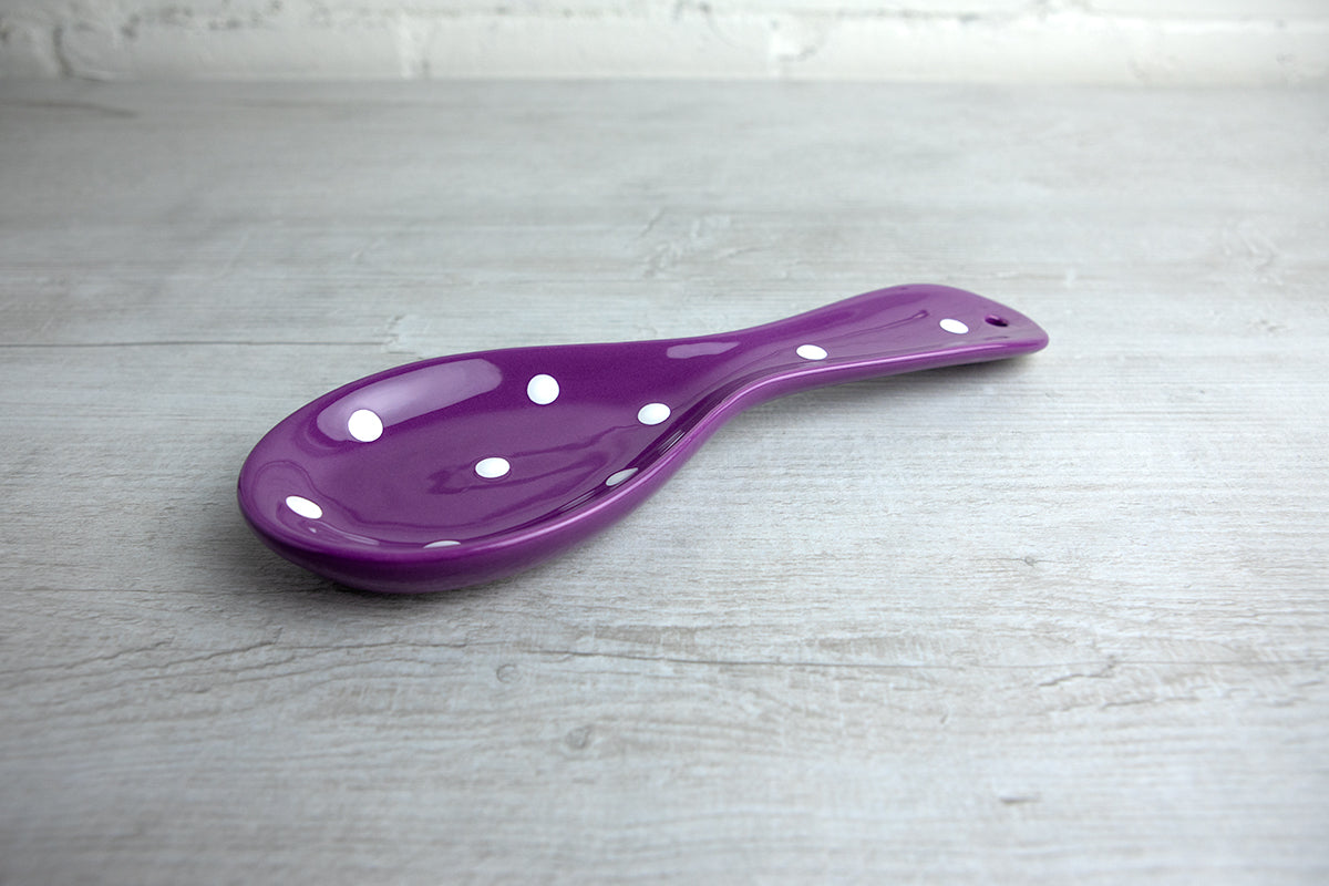 Purple And White Polka Dot Spotty Handmade Hand Painted Ceramic Kitchen Cooking Spoon Rest