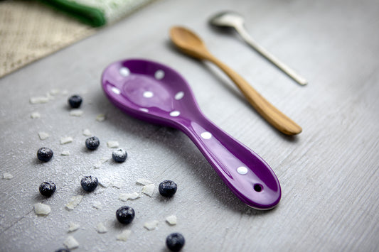 Purple And White Polka Dot Spotty Handmade Hand Painted Ceramic Kitchen Cooking Spoon Rest