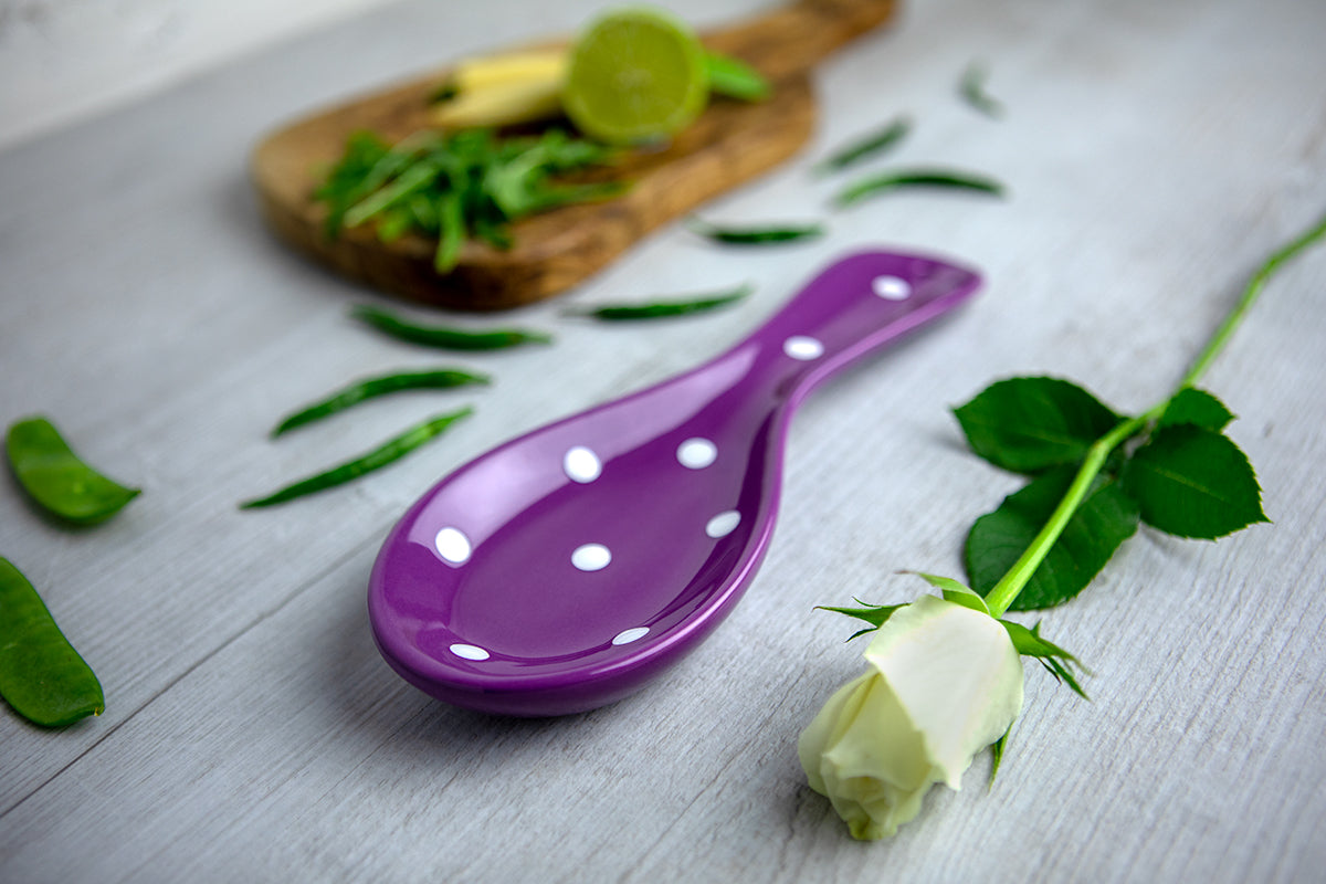 Purple And White Polka Dot Spotty Handmade Hand Painted Ceramic Kitchen Cooking Spoon Rest