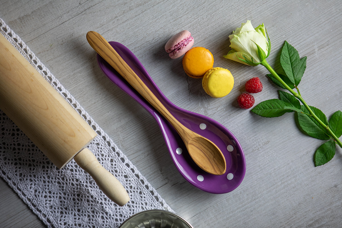 Purple And White Polka Dot Spotty Handmade Hand Painted Ceramic Kitchen Cooking Spoon Rest