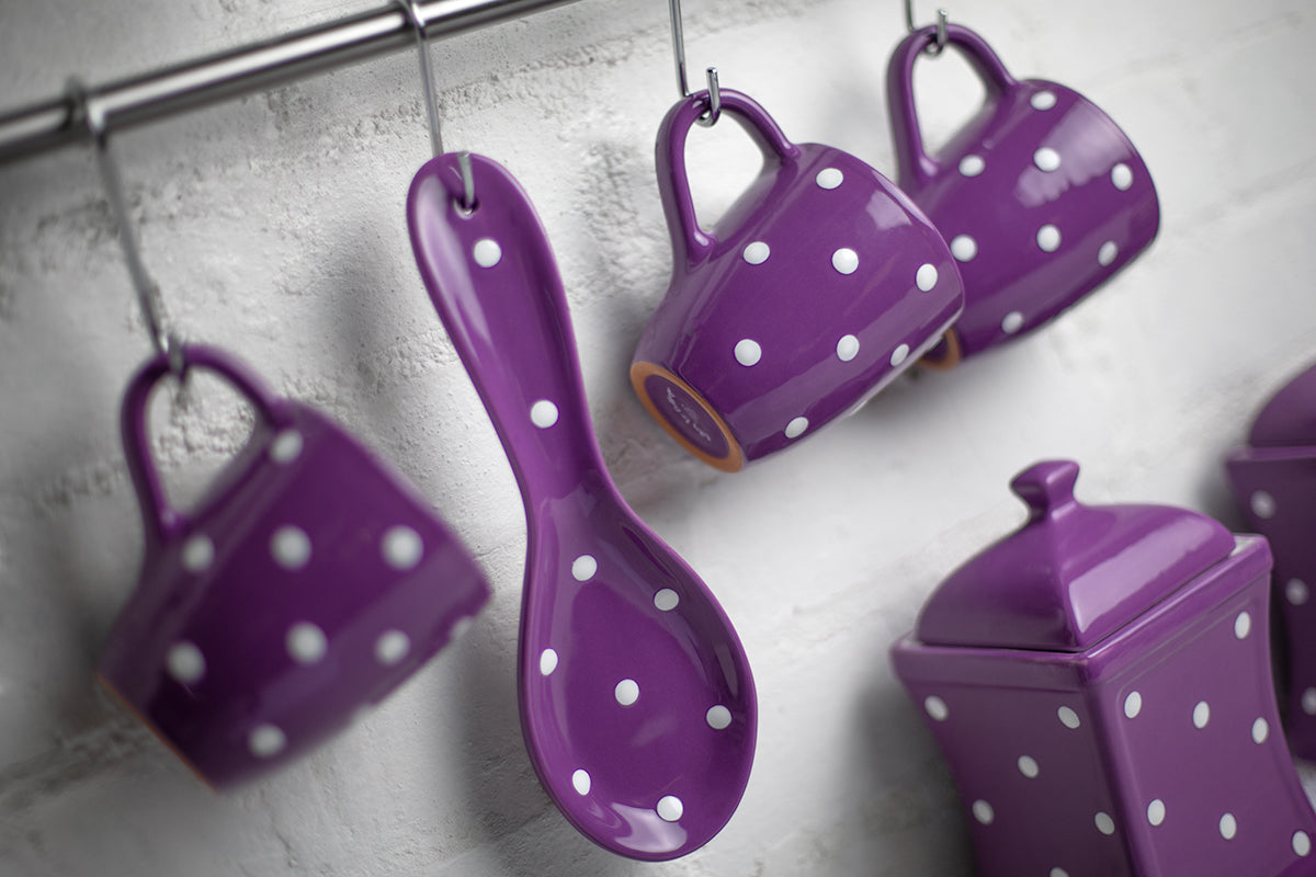 Purple And White Polka Dot Spotty Handmade Hand Painted Ceramic Kitchen Cooking Spoon Rest