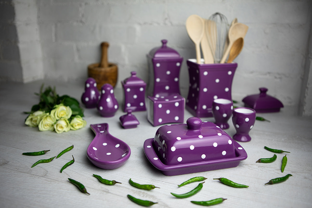 Purple And White Polka Dot Spotty Handmade Hand Painted Ceramic Kitchen Serving Storage Set of 10