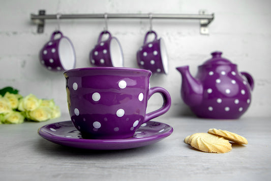 Purple And White Polka Dot Spotty Handmade Hand Painted Large Unique Ceramic 12oz-350ml Cappuccino Coffee Tea Cup with Saucer