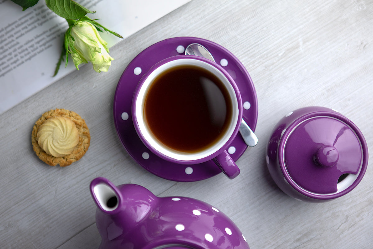 Purple And White Polka Dot Spotty Handmade Hand Painted Large Unique Ceramic 12oz-350ml Cappuccino Coffee Tea Cup with Saucer