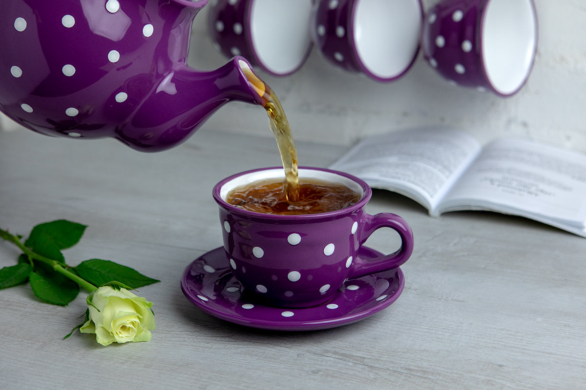 Purple And White Polka Dot Spotty Handmade Hand Painted Large Unique Ceramic 12oz-350ml Cappuccino Coffee Tea Cup with Saucer