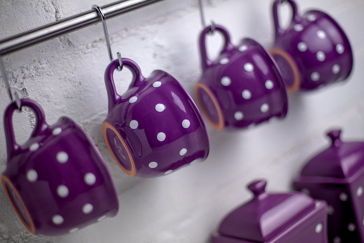 Purple And White Polka Dot Spotty Handmade Hand Painted Large Unique Ceramic 12oz-350ml Cappuccino Coffee Tea Cup with Saucer