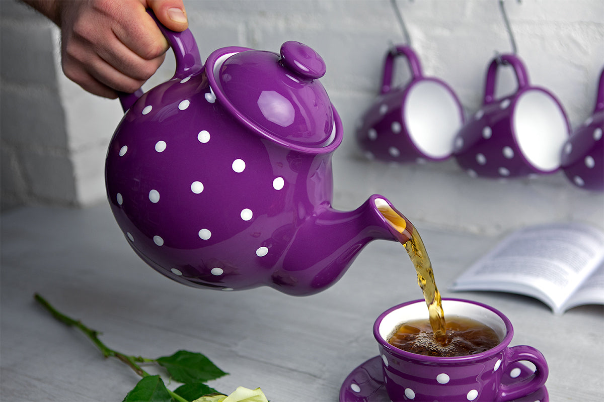 Purple And White Polka Dot Spotty Handmade Hand Painted Ceramic Large Teapot Milk Jug Sugar Bowl Set