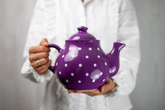 Purple And White Polka Dot Spotty Large Handmade Hand Painted Ceramic Teapot with Handle 60 oz / 1.7 l